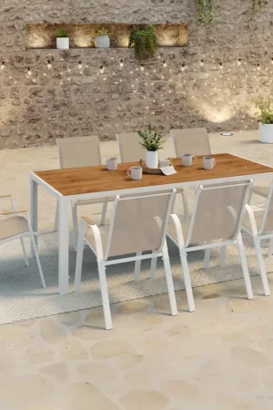 Commander Maintenant Salon de jardin bois et blanc avec table 190 cm et 8 chaises empilables