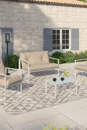 Salon de jardin bas 4 personnes en acier blanc Expédition Rapide