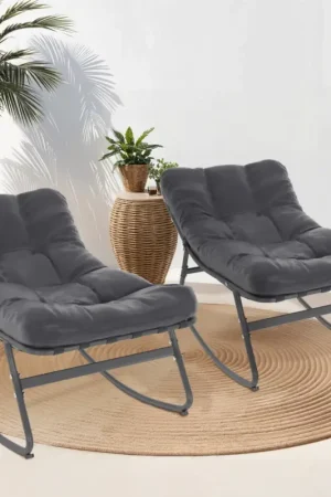 Lot de 2 fauteuils de jardin à bascule métal gris anthracite avec coussins Prix Bas