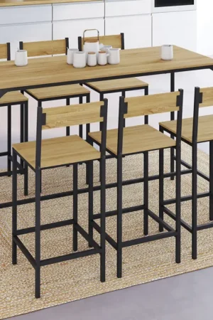 Ensemble table et 6 chaises hautes de bar au design industriel Prix Promo
