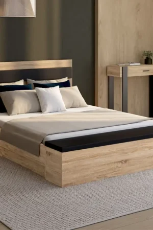 Lit 2 personnes sommier 140x190 cm avec tête de lit et banc coffre bois et noir Pas Cher