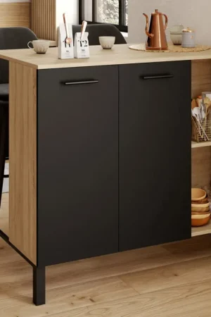 Certifié Table de bar îlot 100 cm bois noir et plateau façon hêtre