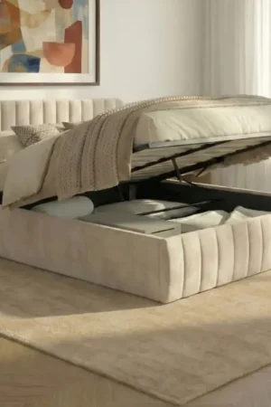 Bon Marché Lit coffre double avec tête de lit en velours beige 160x200 cm