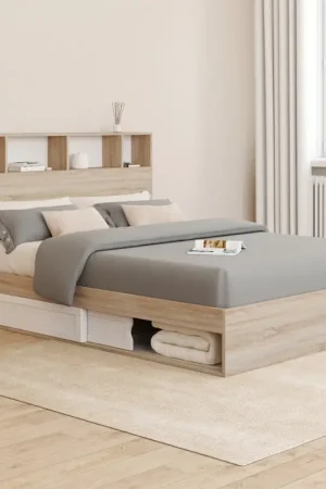 Dernière Chance Lit double hêtre et blanc avec rangements + tête de lit et sommier 140x190 cm
