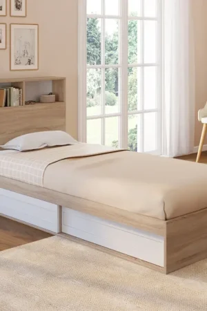 Lit 1 personne sommier 90x190 cm hêtre et blanc avec rangement et tête de lit Super Prix