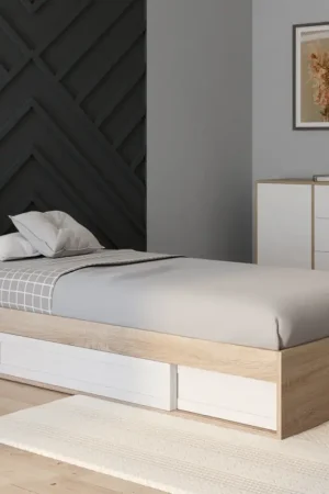 Cadre de lit simple 90x190 cm bois façon hêtre et blanc avec rangement et sommier 10 lattes Acheter En Ligne