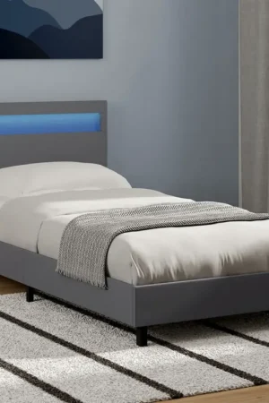 Expédié Aujourd'hui Lit simple 90 x 190 cm avec tête de lit LED intégrées et sommier PVC gris