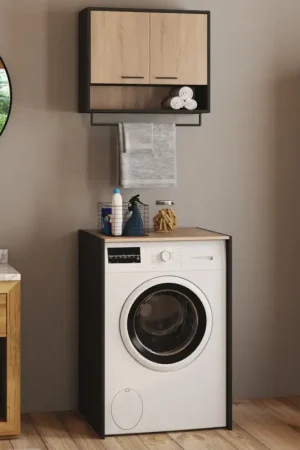 Ensemble meubles de buanderie pour machine à laver noir et hêtre Nouveauté
