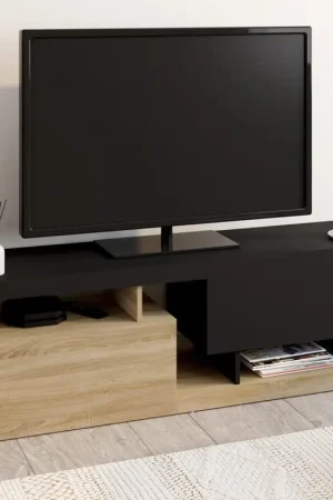 Achat Immédiat Meuble TV 140 cm double-portes effet bois et noir
