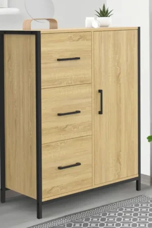 Commode de rangement salle de bain design industriel 3 tiroirs 1 placard Vente Directe