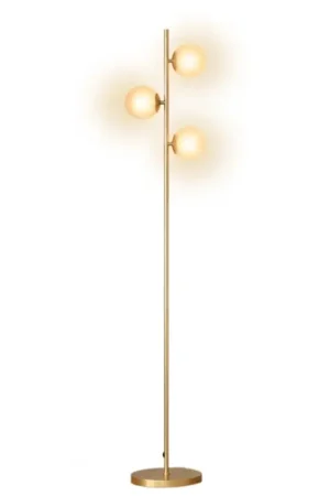 Remise Lampadaire sur pied en métal doré avec 3 abat-jours globe verre