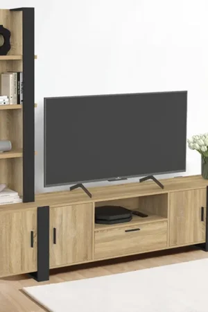 Achat Immédiat Ensemble meuble TV avec étagères et placard 200 cm bois et noir