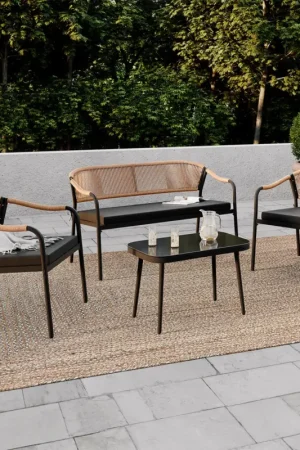 Expédition Rapide Salon de jardin bas 4 places structure en métal noir, cordage et coussins noirs
