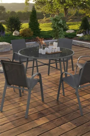 Salon de jardin table ronde 120 CM et 6 chaises empilables gris anthracite Prix Promo