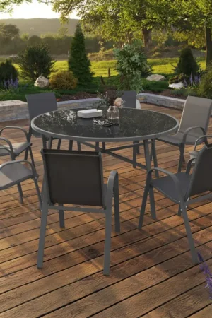 Salon de jardin table ronde 150 CM et 8 chaises empilables gris anthracite Remise