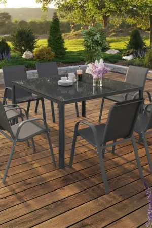 Bon Plan Salon de jardin MADRID table carrée 130 CM et 8 chaises empilables gris anthracite