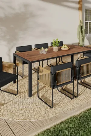 Offre Limitée Salon de jardin table 190 CM et 8 chaises métal noir, cordage effet rotin clair et coussins noirs