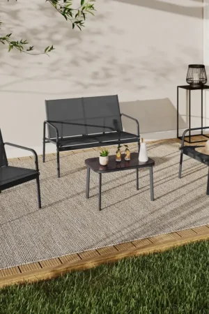 Bon Marché Salon de jardin bas 4 places avec canapé, fauteuils et table gris anthracite