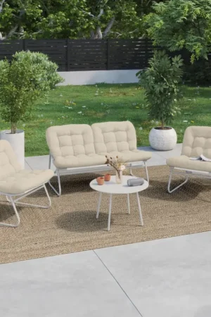 Offre Spéciale Salon de jardin bas 4 places en métal blanc et coussins beige avec canapé, fauteuils et table