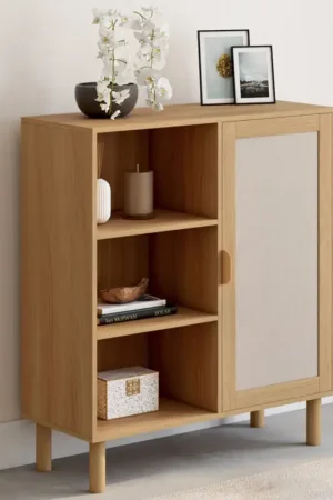 Authentique Buffet d'appoint 3 étagères et placard 70 cm bois et effet lin