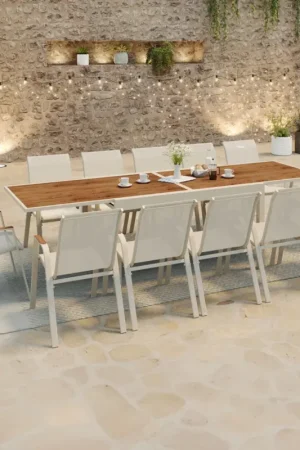 Salon de jardin table extensible 135/270 CM plateau verre trempé effet bois et 12 chaises empilables beige et bois Prix Bas