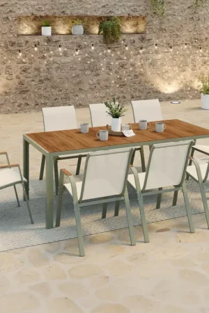 Nouvelle Collection Salon de jardin table 190 cm plateau verre trempé effet bois et 8 chaises empilables vert et bois