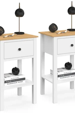 Dernier Modèle Lot de 2 tables de chevet 1 tiroir et 1 tablette blanc et plateau bois