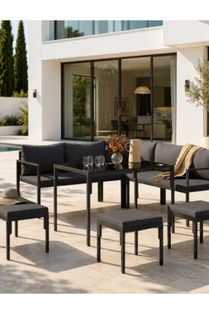 Vente Directe Salon de jardin repas 8 places d'angle en métal et coussins gris avec table à manger, canapé d'angle, banquette, tabourets