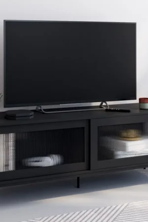 Affaire À Saisir Meuble TV 140 cm 2 portes coulissantes vitrées façade cannelée noir
