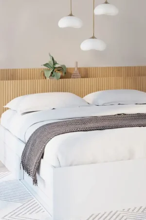 Acheter En Ligne Tête de lit sur pied pour lit 140 et 160 cm avec rangements effet lattes tasseau bois