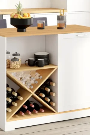 Vente Flash Table de bar îlot 113 cm avec range-bouteilles bois blanc et plateau façon hêtre