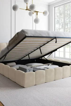 Commander Maintenant Lit coffre double avec tête de lit matelassée et sommier 180 x 200 cm velours beige