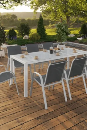 Authentique Salon de jardin MADRID table 190 cm et 8 chaises empilables blanc et gris