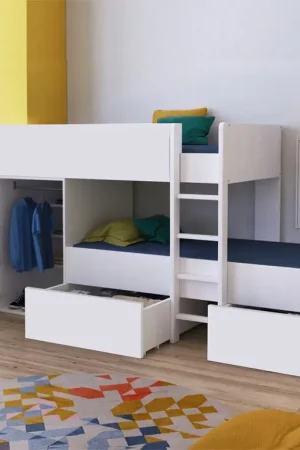 Lit superposé 90x190 - armoire - tiroirs - sommier inclus Twin Blanc Offre Spéciale