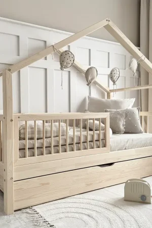 Bon Marché Lit cabane 90x200 barrière sommier et tiroir inclus Rosalie Bois