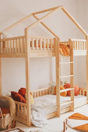 Acheter En Ligne Lit cabane superposé 90x190 barrière et sommier inclus pieds 1 cm Roxane Bois