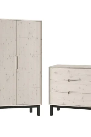 Remise Commode 3 tiroirs et armoire 2 portes Pinio Country Bois blanchi