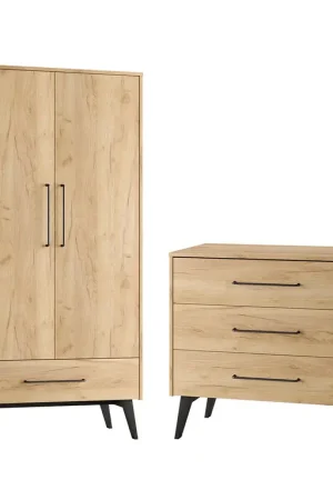 Soldes Commode 3 tiroirs et armoire 2 portes Pinio Retro Bois