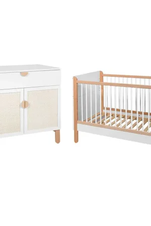 Lit bébé 60x10 et commode 2 portes Bellamy Laurie Blanc et bois Petit Prix