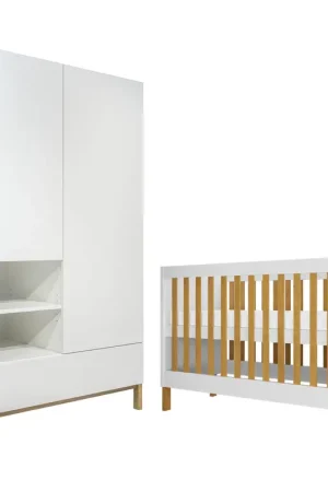 Lit bébé 60x120 et armoire 2 portes Kocot Kids Victor - Blanc et Chêne Petit Prix