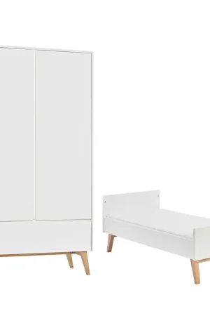 Lit évolutif 70x140 et armoire 2 portes Pinio Swing - Blanc et bois Prix Promo