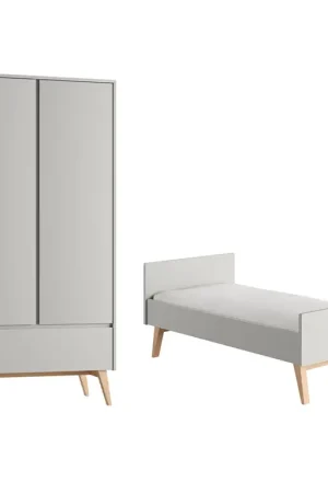 Lit évolutif 70x140 et armoire 2 portes Pinio Swing Gris et bois Bon Marché