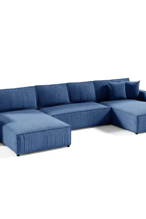 Prix Bas Canapé U 5 places convertible coffre Isaac velours côtelé Bleu