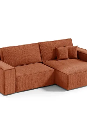 Canapé d'angle réversible et convertible 3 places avec coffre Isaac Mini velours côtelé Orange brique Offre Limitée