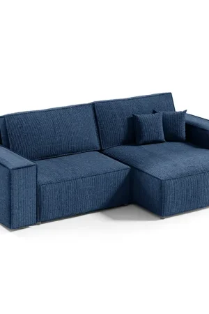 Canapé d'angle réversible et convertible 3 places avec coffre Isaac Mini velours côtelé Bleu Commander Maintenant