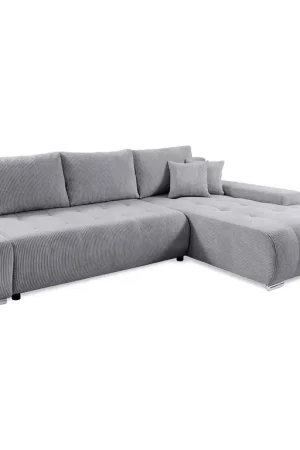 Canapé d'angle convertible droit 4 places coffre Jonas velours côtelé Gris Clair Meilleur Prix