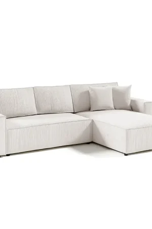 Meilleur Choix Canapé d'angle réversible et convertible 4 places avec coffre Isaac velours côtelé Blanc Cassé