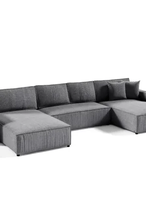 Nouveauté Canapé U 5 places convertible coffre Isaac velours côtelé Gris