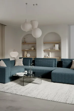 Canapé en U 5 places angle droit convertible avec coffre Lorenzo Bleu Populaire