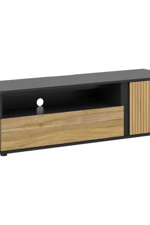 Top Vente Meuble TV 1 porte 1 tiroir 155 cm Pia Noir et Bois